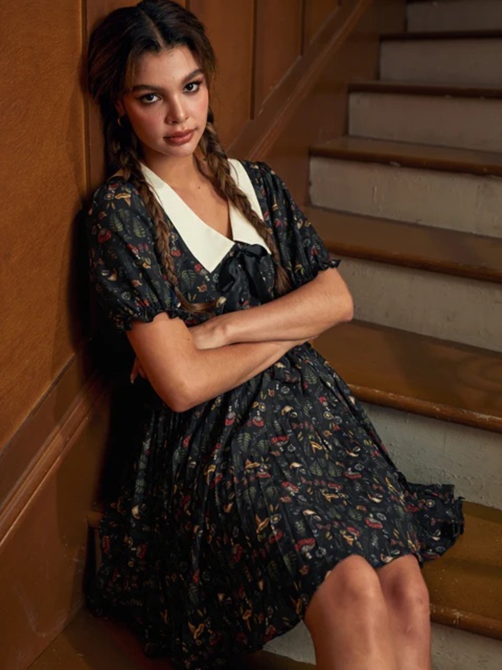 ModCloth Navy Floral Mini Dress with Cream Sailor Collar